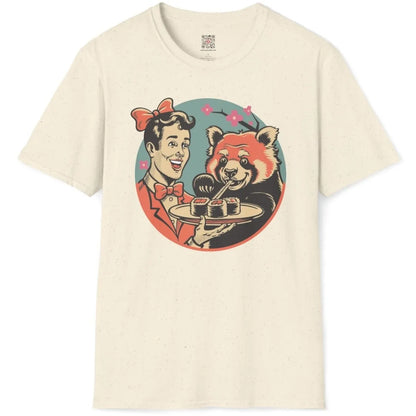 Flatlay of natural shirt with vintage-style panda and woman sharing sushi, sushi t-shirt, cultural fusion.