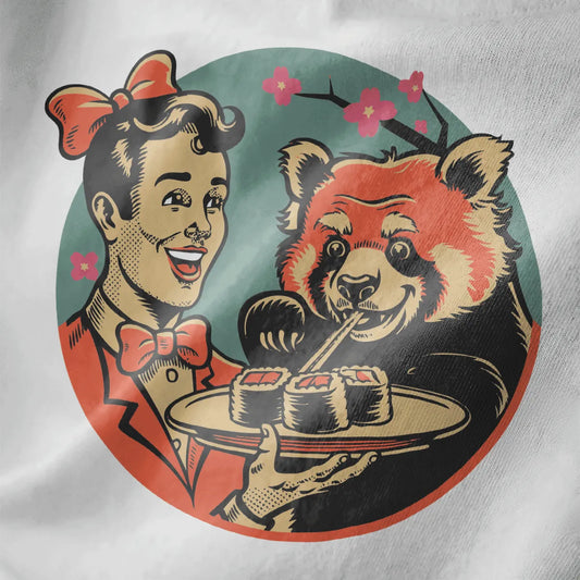 Cheerful woman and panda sharing sushi on white shirt, vintage style, sushi t-shirt, kawaii sushi.
