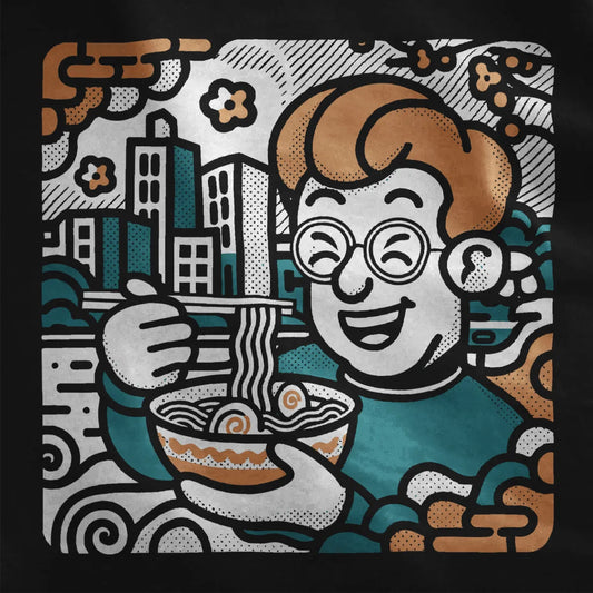 Smiling character with noodles in vibrant city scene on black shirt, ramen t-shirt, modern fusion.