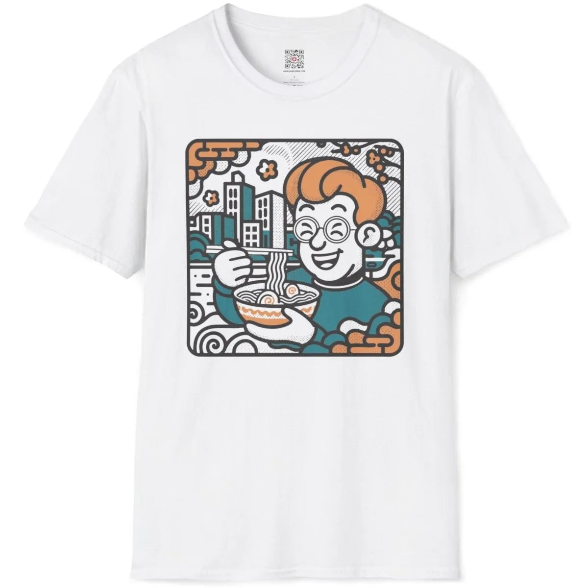 Flatlay of white shirt with smiling character eating noodles, ramen t-shirt, dynamic composition.