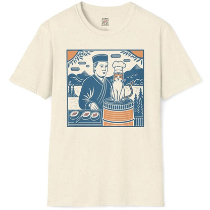 Sushi chef and whimsical cat, vintage style, natural flatlay t-shirt. sushi t-shirt, whimsical cat