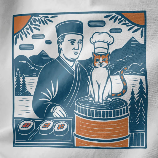 Vintage-inspired sushi chef with cat in chef hat, white fabric closeup. sushi t-shirt, funny cat shirt, vintage aesthetic