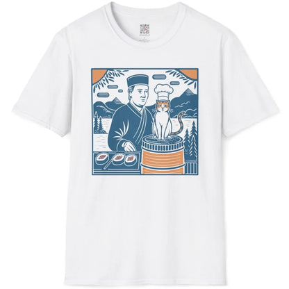 Sushi chef and whimsical cat, vintage style, white flatlay t-shirt. sushi t-shirt, funny cat shirt, whimsical cat