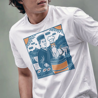 Serene sushi chef and cat, vintage style, white t-shirt on male model. sushi t-shirt, funny cat shirt