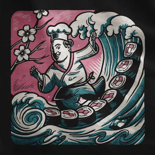 Dynamic sushi chef surfing wave with cherry blossoms and sushi rolls on black fabric.
