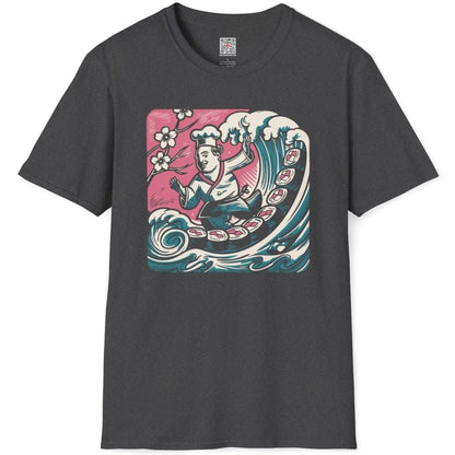 Dark heather t-shirt flatlay with energetic chef on wave, sushi rolls, and pink cherry blossom details.