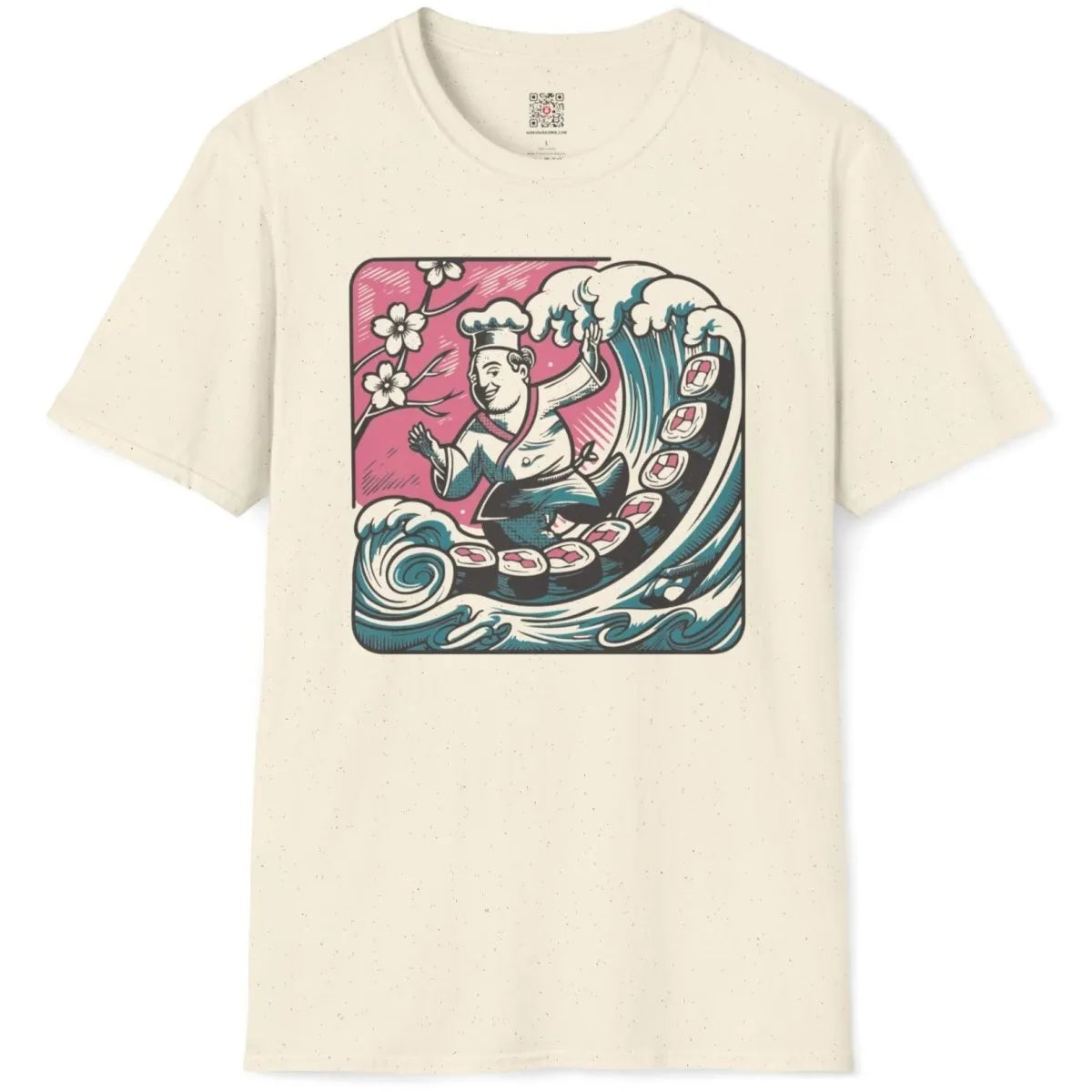Natural t-shirt flatlay with whimsical chef, wave pattern, sushi, and cherry blossoms.