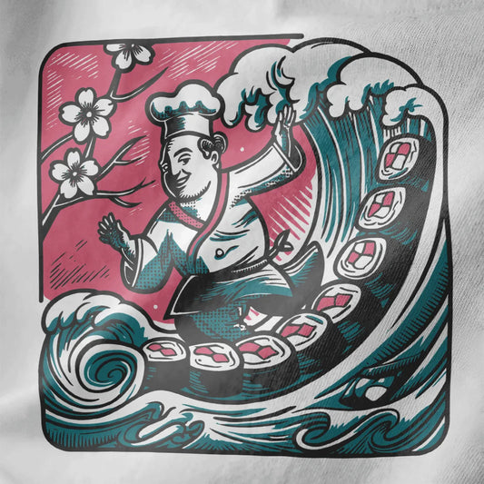 Joyful Japanese chef riding a wave with sushi rolls, cherry blossoms, and pink background on white fabric.