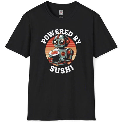 Black t-shirt flatlay showing vintage robot clutching sushi, pop art outfits, strong typography above and below.