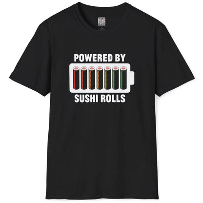 Black flatlay: battery icon with sushi rolls, “POWERED BY SUSHI ROLLS,” sushi pun, foodie design.