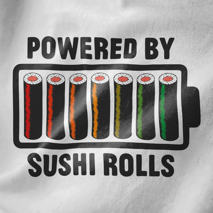 Battery icon filled with colorful sushi rolls on white shirt, “POWERED BY SUSHI ROLLS,” sushi t-shirt.