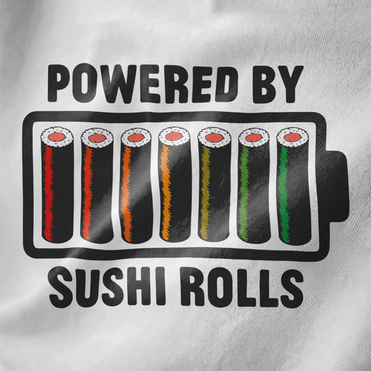 Battery icon filled with colorful sushi rolls on white shirt, “POWERED BY SUSHI ROLLS,” sushi t-shirt.