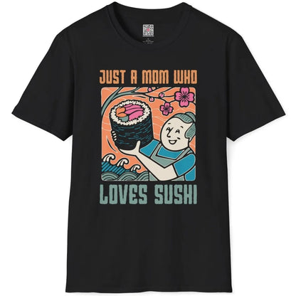 Black t-shirt flatlay with sushi mom design, nautical waves, and cultural blend elements.