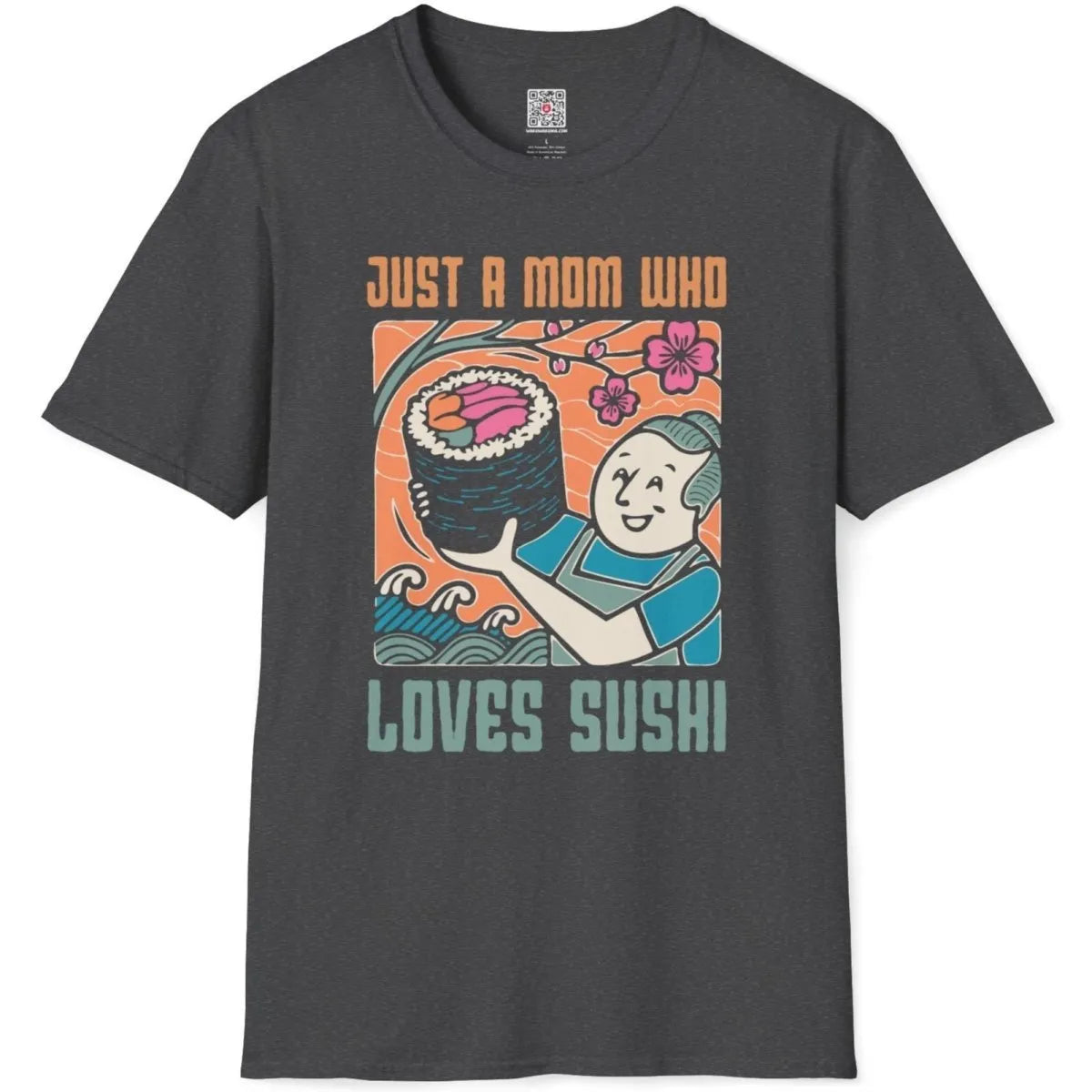 Dark heather t-shirt flatlay with sushi mom design, bold fonts, and foodie style accents.