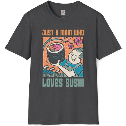 Dark heather t-shirt flatlay with sushi mom design, bold fonts, and foodie style accents.