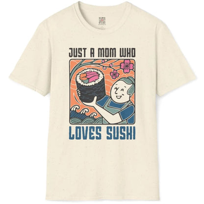 Natural t-shirt flatlay featuring sushi mom design, cherry blossom theme, and vibrant style.
