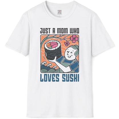White t-shirt flatlay showing sushi mom graphic, cherry blossoms, and sushi art details.