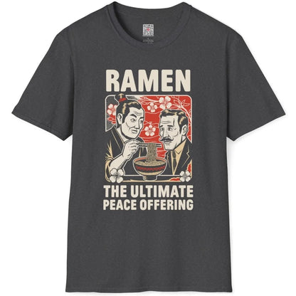 Dark heather t-shirt flatlay with ramen peace design, traditional Japanese art, and bold text.