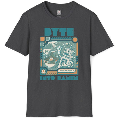 Dark heather t-shirt flatlay with robot ramen design, cosmic design, and bold text.
