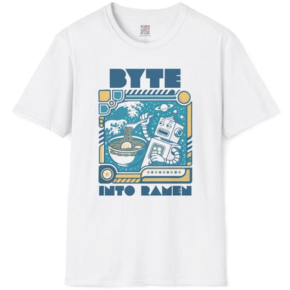 White t-shirt flatlay featuring robot ramen design, cyberpunk shirt vibe, and quirky shirt style.