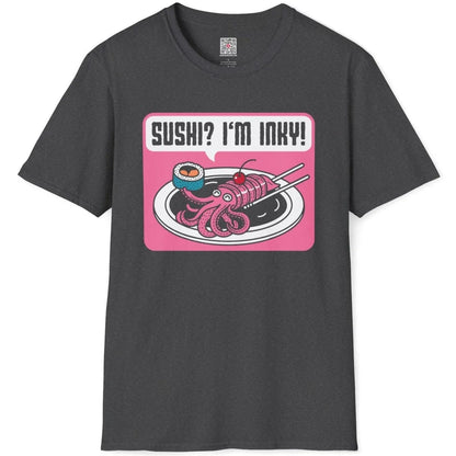 Dark heather shirt flatlay with kawaii pink squid sushi, chopsticks, and sushi pun design.