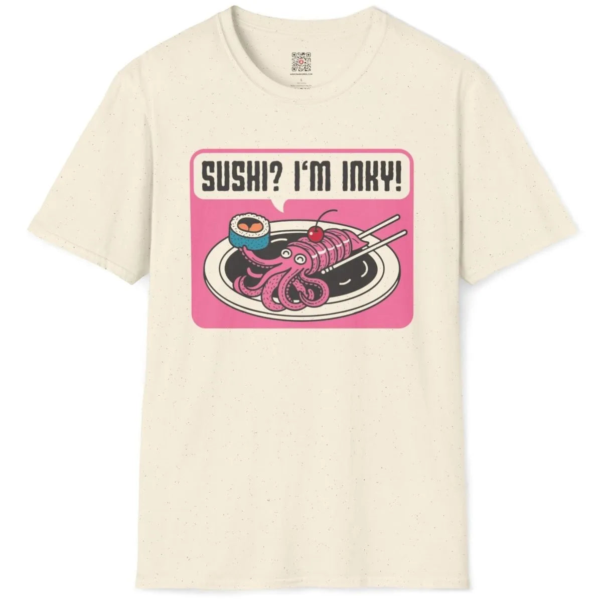 Natural shirt flatlay with whimsical squid sushi, cherry accent, and playful quote.