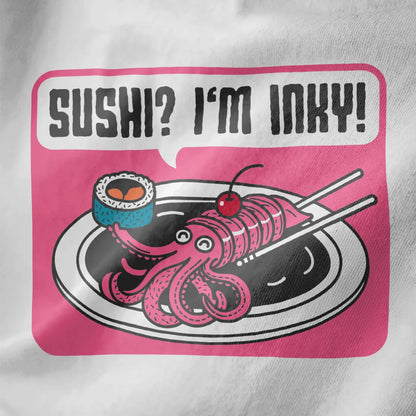 Playful pink squid sushi with cherry and chopsticks on white shirt, featuring sushi pun and kawaii design.