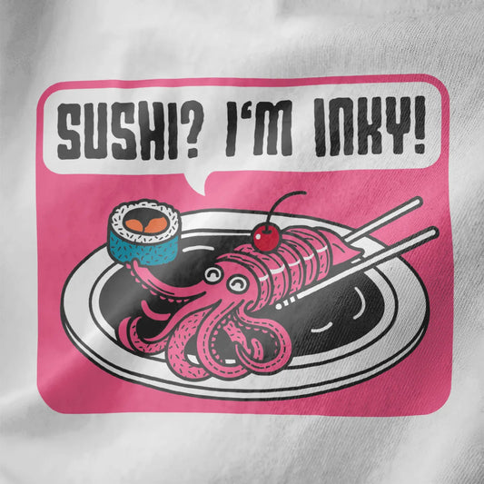 Playful pink squid sushi with cherry and chopsticks on white shirt, featuring sushi pun and kawaii design.