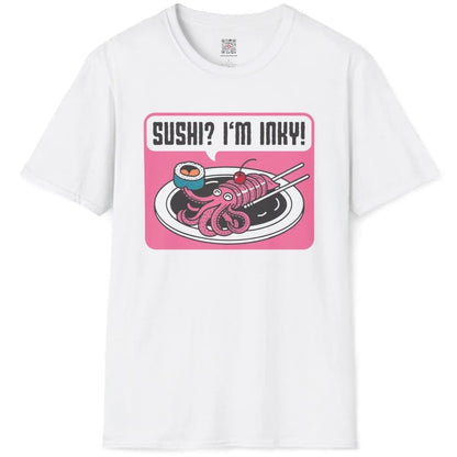 White flatlay shirt with playful squid sushi, cherry, and sushi roll in vibrant cartoonish style.