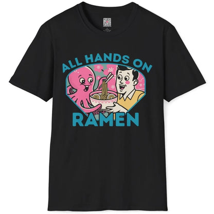 Black flatlay shirt with vibrant octopus, man, ramen bowl, and cherry blossoms in kawaii style.