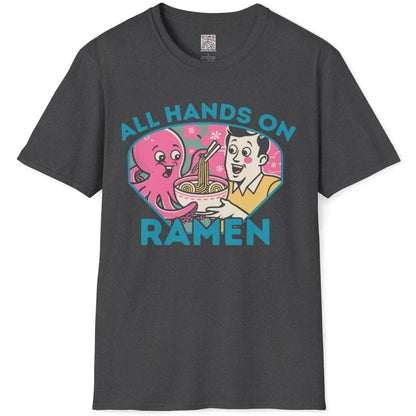 Dark heather shirt flatlay with octopus and man enjoying ramen, cherry blossoms, and ramen t-shirt style.