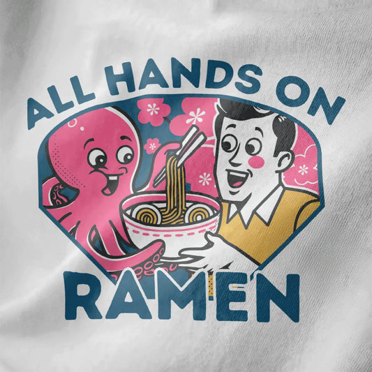 Cheerful pink octopus and man sharing ramen on white shirt, with cherry blossoms and ramen joy.