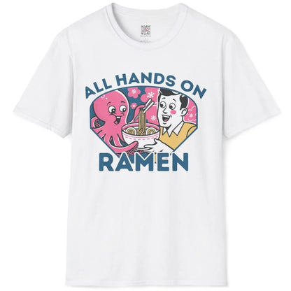 White flatlay shirt with joyful octopus, man, ramen bowl, and playful friendship theme.