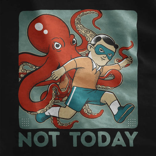 Man in superhero mask chased by red octopus on black shirt, featuring humorous quote and retro cartoon style.