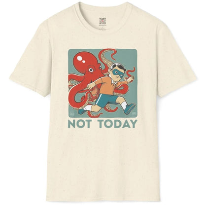 Natural shirt flatlay with superhero mask, red octopus, and vintage aesthetic design.