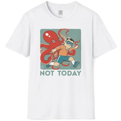 White flatlay shirt with red octopus, superhero mask, and playful “NOT TODAY” quote in cartoonish style.