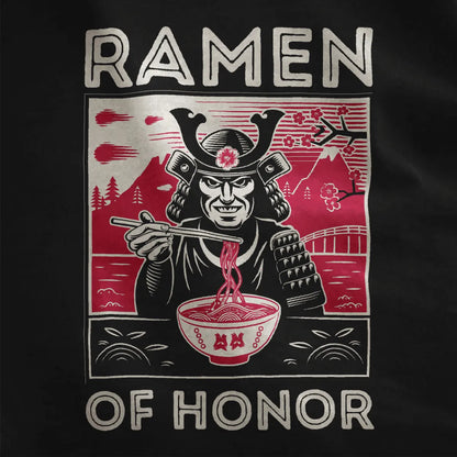 Close-up of vibrant samurai with ramen and cherry blossoms on black shirt; japanese t-shirts, cultural identity.