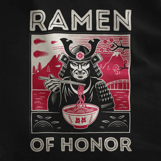 Close-up of vibrant samurai with ramen and cherry blossoms on black shirt; japanese t-shirts, cultural identity.