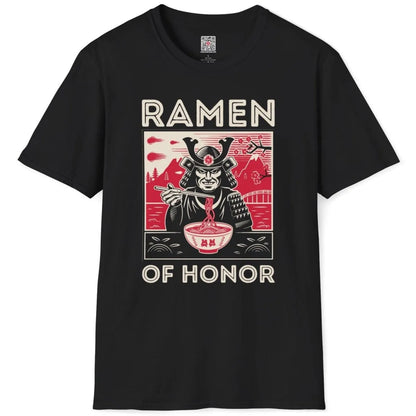 Black flatlay t-shirt with fierce samurai warrior, ramen bowl, and Mount Fuji; japanese t-shirts, cherry blossom design.