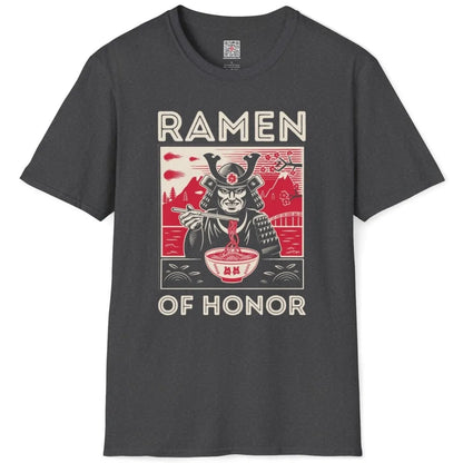Dark heather flatlay t-shirt with samurai eating ramen, cherry blossoms, and Mount Fuji; japanese t-shirts.
