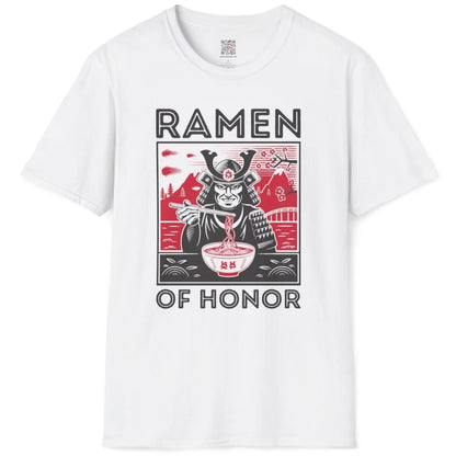 White flatlay t-shirt with dynamic samurai, ramen, and red Japanese landscape; ramen t-shirt, cultural identity.