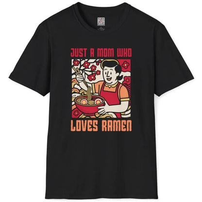 Black flatlay t-shirt with smiling woman, ramen bowl, and cherry blossom background; japanese t-shirts.