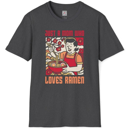 Dark heather flatlay t-shirt with woman in red apron, ramen, and cherry blossoms; japanese t-shirts.