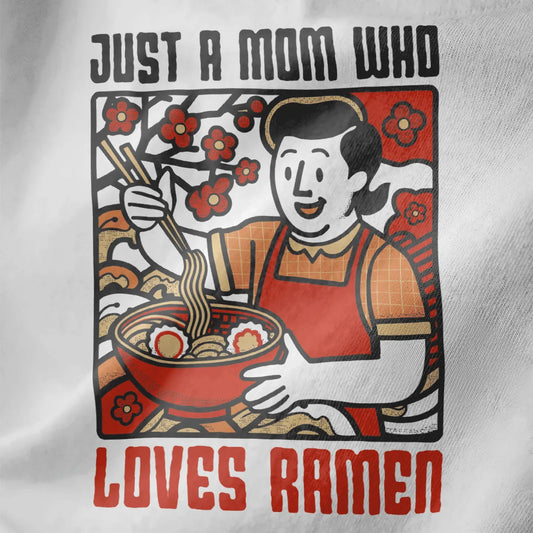 Close-up of cheerful woman in red apron holding ramen, cherry blossoms on white shirt; ramen t-shirt, vintage comic.