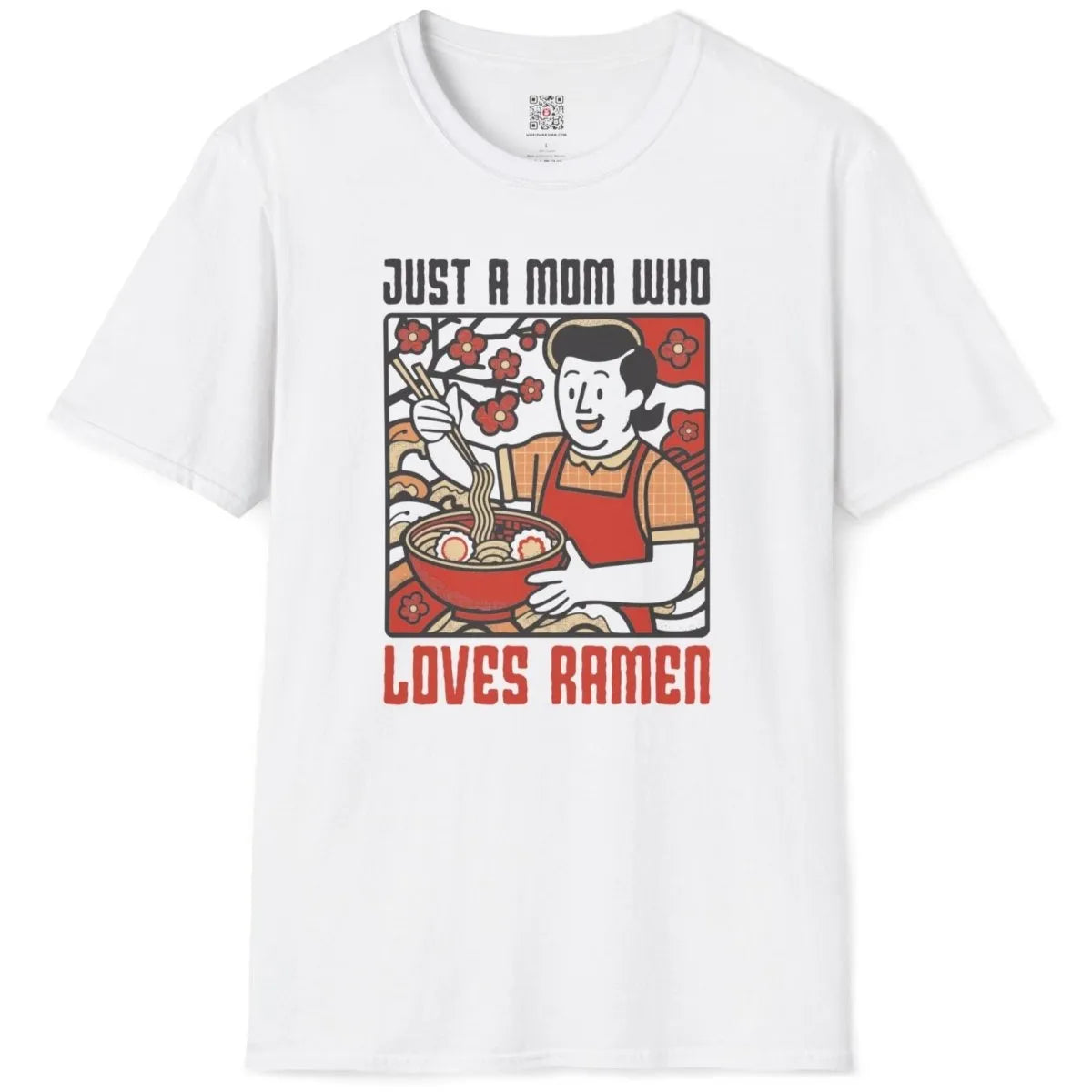 White flatlay t-shirt with mom holding ramen, vintage poster style; ramen t-shirt, graphic design t shirt.