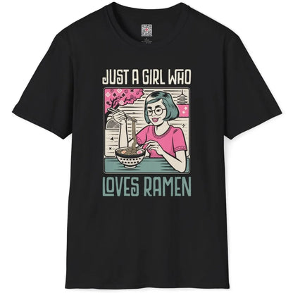 Black flatlay t-shirt with girl enjoying ramen, cherry blossoms, and playful text; japanese t-shirts.