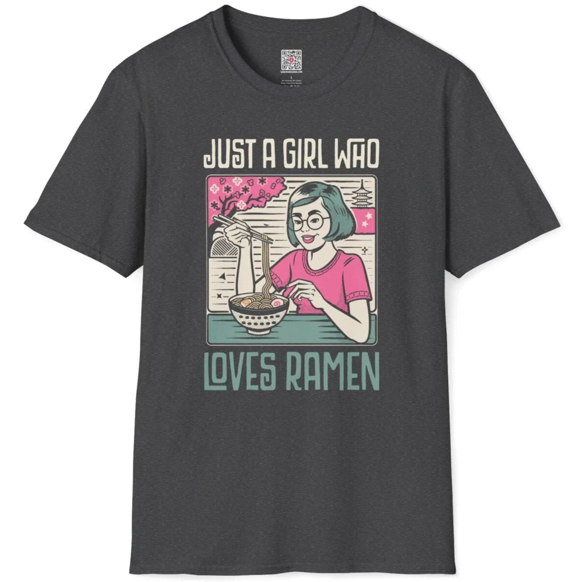 Dark heather flatlay t-shirt with joyful girl, ramen, and serene Japanese landscape; japanese t-shirts.