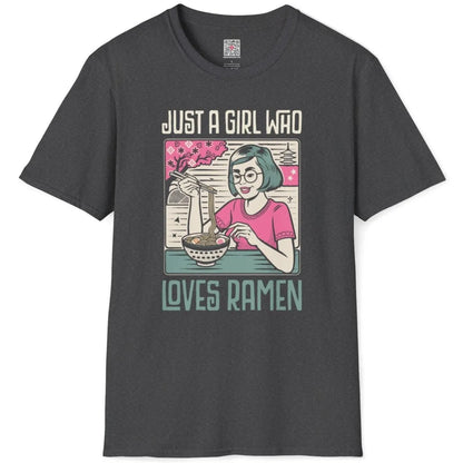 Dark heather flatlay t-shirt with joyful girl, ramen, and serene Japanese landscape; japanese t-shirts.