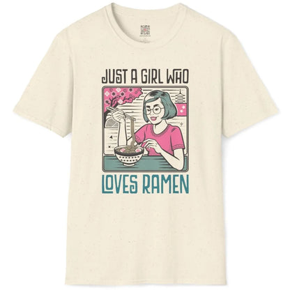 Natural flatlay t-shirt with girl, ramen bowl, and cherry blossoms in soft colors; ramen t-shirt, vintage aesthetic.