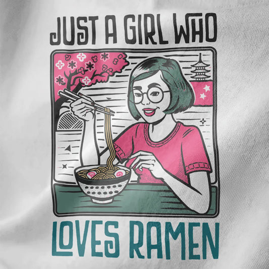 Close-up of happy girl with glasses eating ramen, cherry blossoms on white shirt; ramen t-shirt, kawaii clothes.